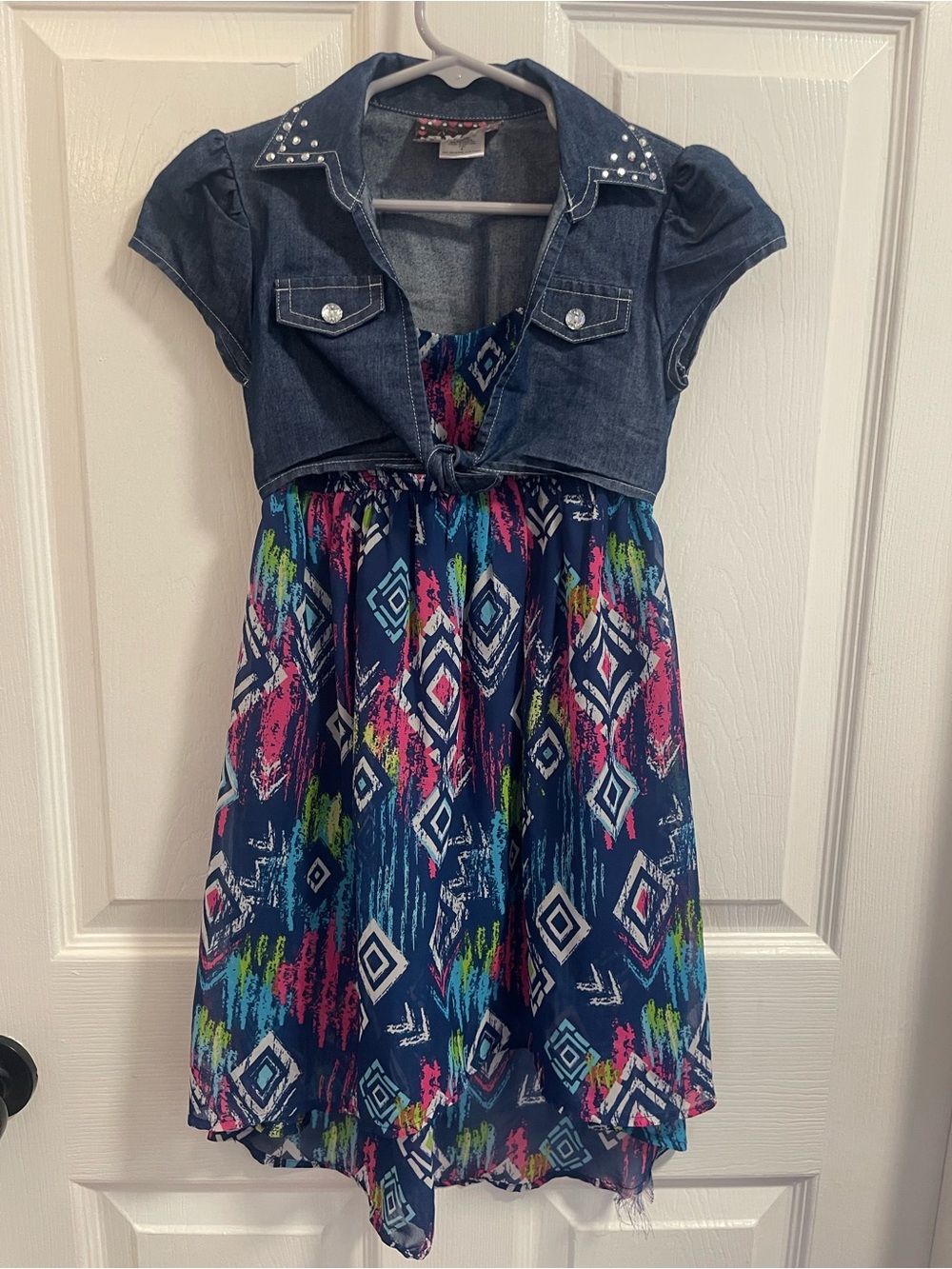 Girls Navy Multicolor Geometric Dress with Denim Tie-Bolero